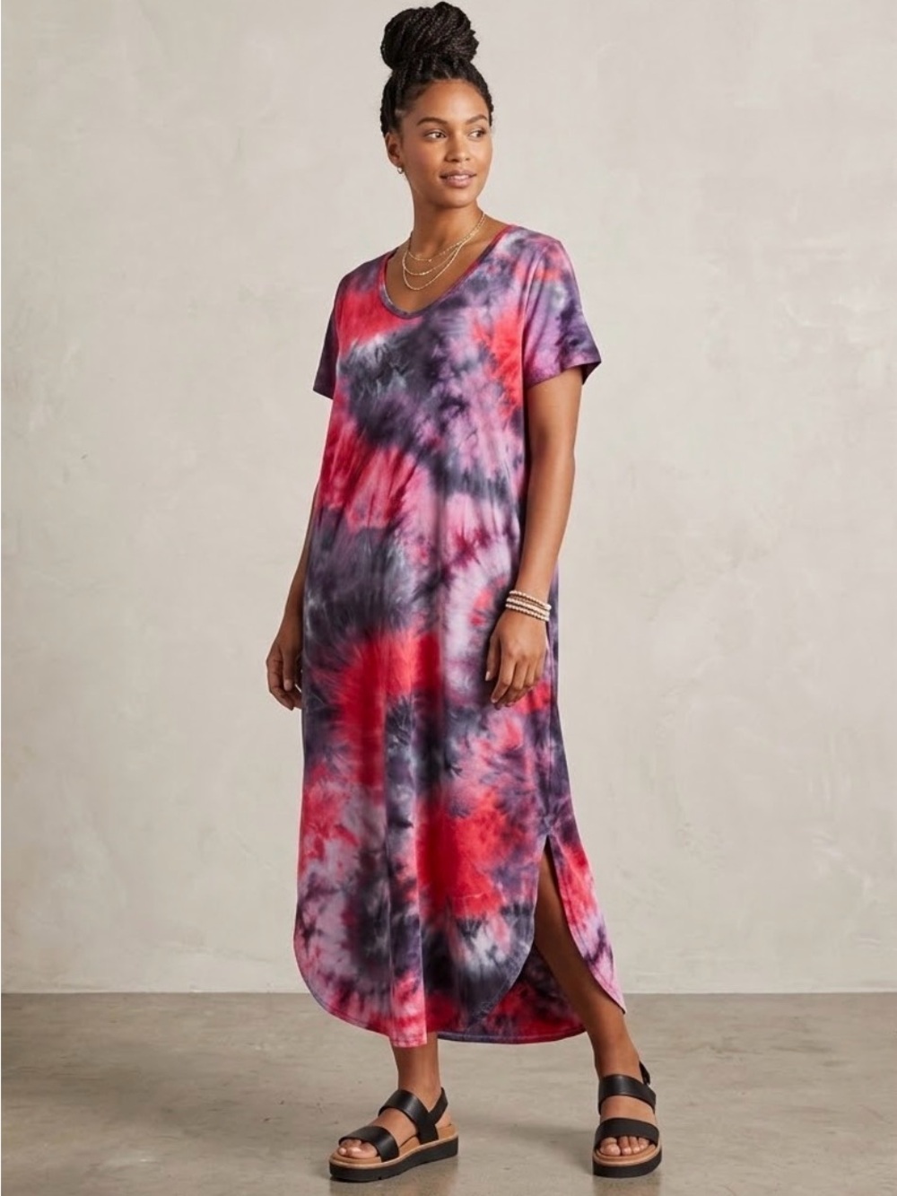 Match Tie-Dye Short Sleeve Maxi Relaxed Fit Dress w/ Pockets Size M 24” x 48”